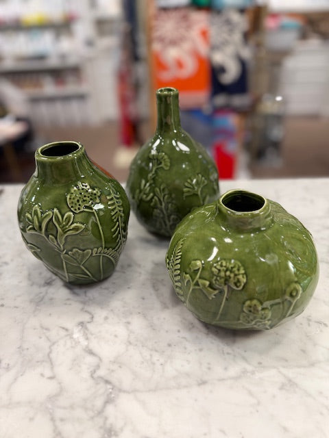 Green Relief Floral Vases/set of 3
